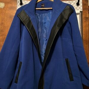 Rafaella Blue Swing Coat with Black Leather Trim